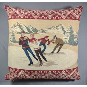 Hines of Oxford Woven Tapestry Sledding Alps Nordic Skaters Throw Pillow 16x17